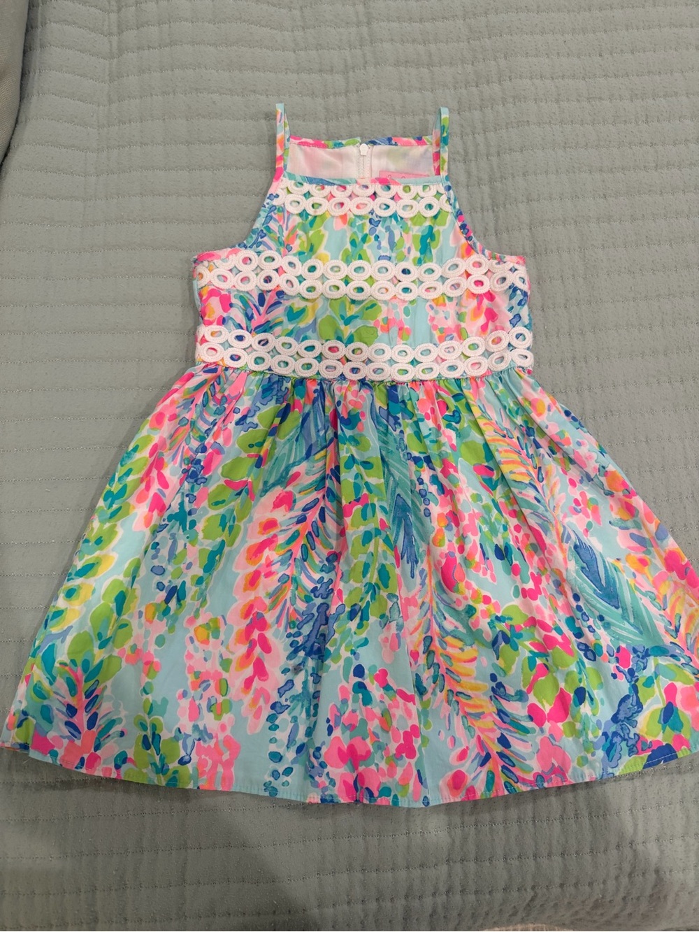 Lilly Pulitzer Girls' Multicolor Floral Halter Dress with White Crochet Trim